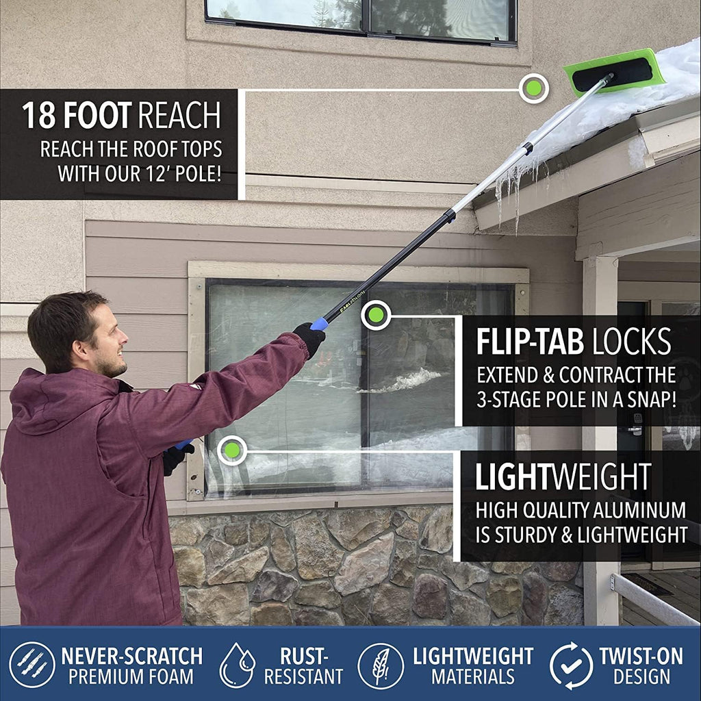 EVERSPROUT Never-Scratch SnowBuster 7-to-24 Foot (Up to 30 Ft Standing Reach) | Pre-Assembled Extendable Roof Rake for Snow Removal | Heavy-Duty Aluminum, Soft Foam Pad | Exclusive Push/Pull Design