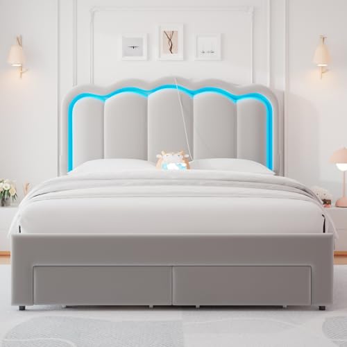 Twin Upholstered LED Bed Frame with Storage Drawer and Adjustable Chic Double Wavy Headboard, Velvet Princess Platform Bed for Kids/Girls, Solid Wood Slats Support, No Box Spring Needed, Beige