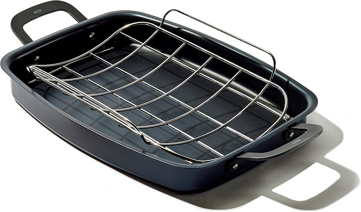 OXO Obsidian Pre-Seasoned Carbon Steel, 12 Wok Pan with Removable Silicone Handle Holder, Induction, Oven Safe, Black