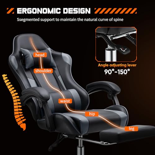 DUMOS Ergonomic Gaming Desk Chair - PU Leather Recliner with Footrest, Lumbar Support, Headrest, Fixed Armrests, Height Adjustable, 360?? Swivel, Grey, for Adults