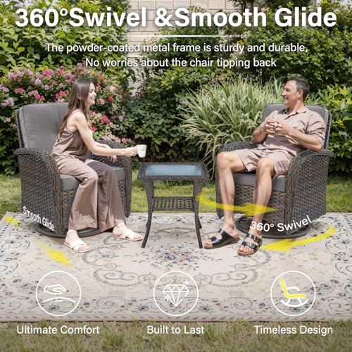 Patio Wicker Chairs Swivel Rocker - Outdoor Swivel Rocking Chairs Set of 2 with Rattan Side Table, Patio Swivel Glider Chair 3 Piece Patio Furniture Sets for Deck Porch Pool Brown/Blue