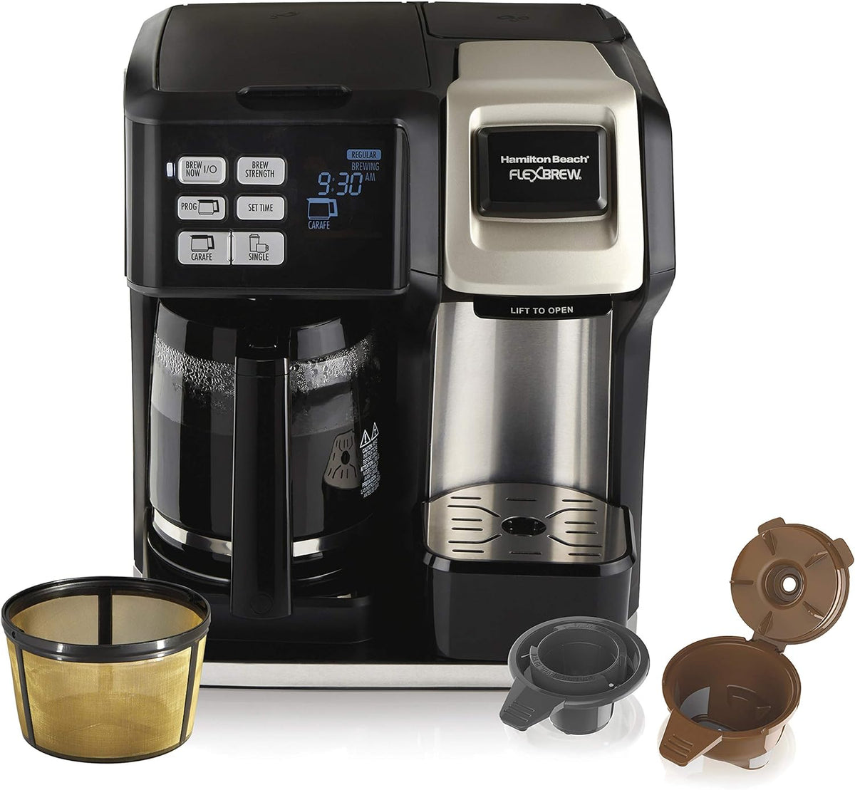 Hamilton Beach FlexBrew Trio 2-Way Single Serve Coffee Maker & Full 12c Pot, Compatible with K-Cup Pods or Grounds, Combo, Black and Stainless