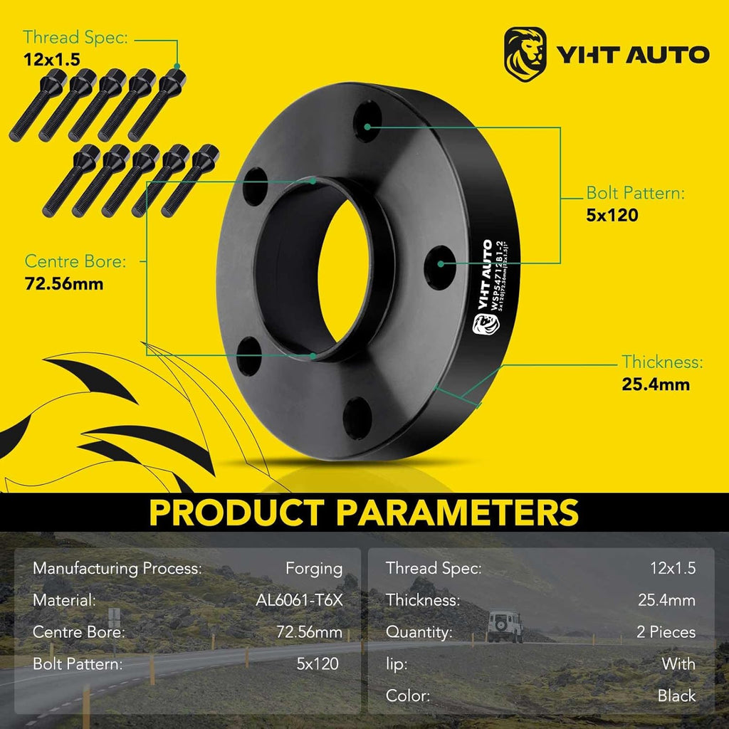 YHTAUTO 5x120 Hub Centric Wheel Spacers 1 Compatible with 1991-2011 BMW 1/3/5/6/7/8/M3/M5/M6/Z3/Z4/Z8 Series Tire Spacers M12x1.5 Studs, 72.56mm Hub Bore 5 Lug 2PCS Black