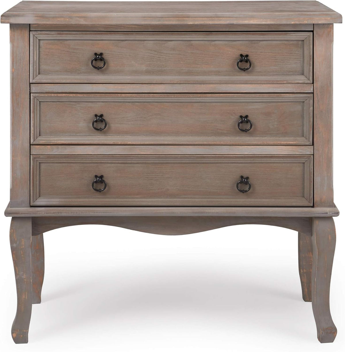 ClickDecor Thomas Antique Country Style Dresser Chest with 3 Drawers, Weathered Wood Nightstand Living Room Accent Furniture, Black Ring Handle, Curved Legs, Gray