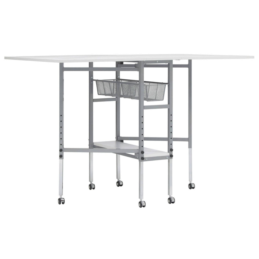 Sew Ready Mobile Folding Height Adjustable Quilting Fabric Cutting Table with Sewing Board Grid and Storage in Silver/White Top