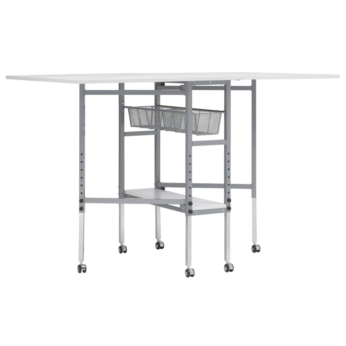 Sew Ready Mobile Folding Height Adjustable Quilting Fabric Cutting Table with Sewing Board Grid and Storage in Silver/White Top