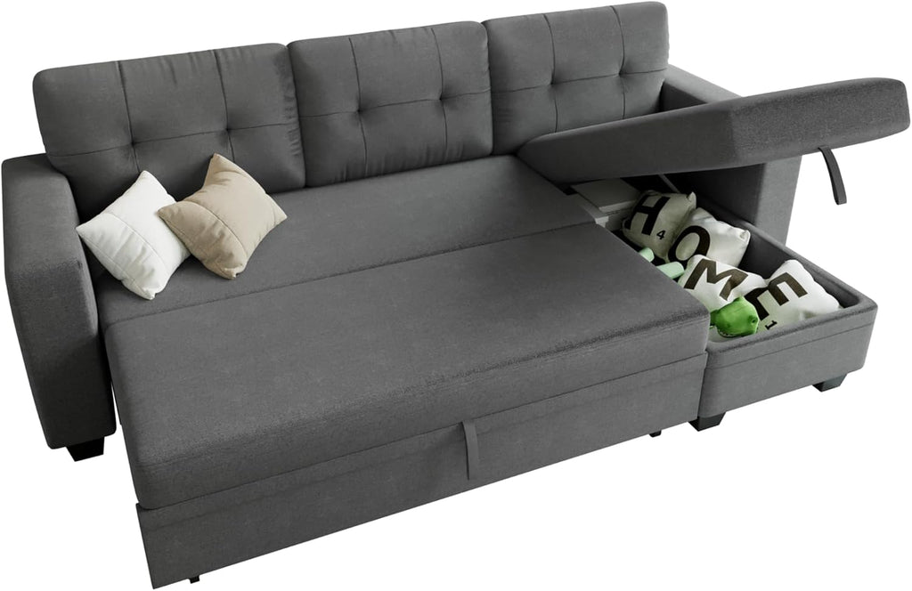 Sleeper Sofa Pull Out Couch with Storage Chaise Lounge Convertible Sectional Sofa L-Shape Modern Fabric Sofa Bed for Living Room, Apartment, Small Spaces, Dark Gray