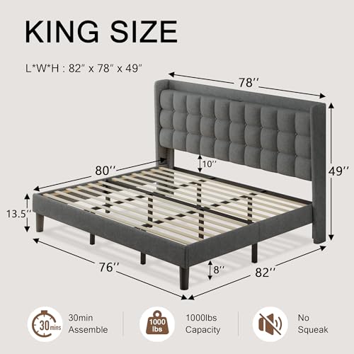 Queen Bed Frame, Upholstered Platform Bed with Charging Station, Modern Wingback Storage Headboard, Solid Wood Slats Support, No Box Spring Needed, Dark Gray
