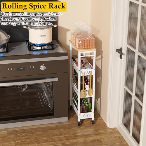 Utility Slim Storage Cart, 4 Tier Small Rolling Kitchen Laundry Room Cart with Wood Top, Metal Narrow Bathroom Storage Cabinet Mobile Shelf Unit Organizer Trolley with Handle for Narrow Space