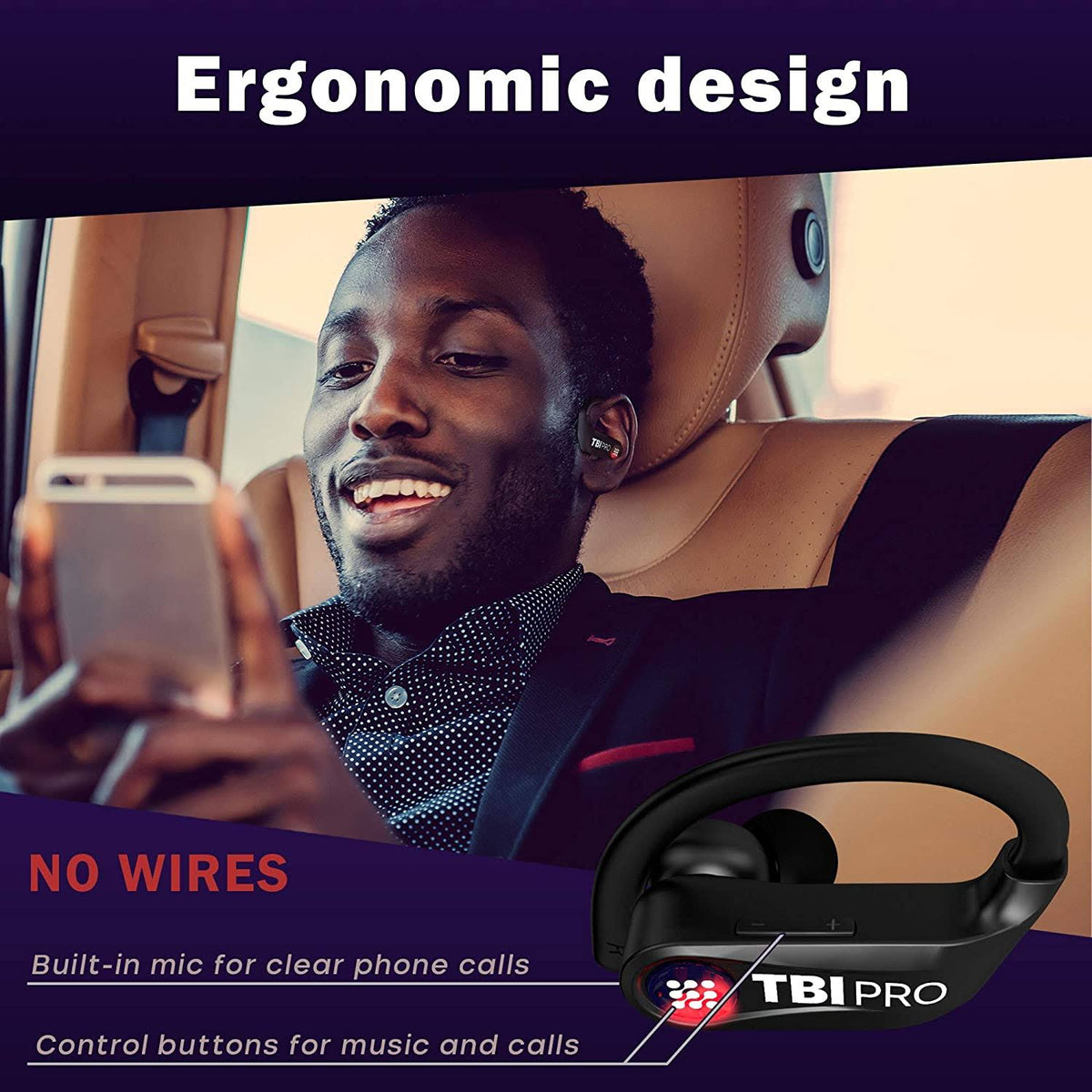 TBI Pro PowerPro5989 Wireless Bluetooth Earbud Headphones with Mic, Black