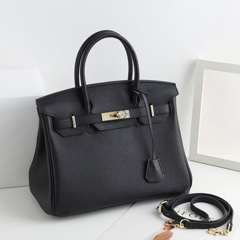 KAMUGO Leather Handbag for Women , Ladies Shoulder Bag Fashion Classic Lychee Pattern First Layer Cowhide Top Handle Satchel - black