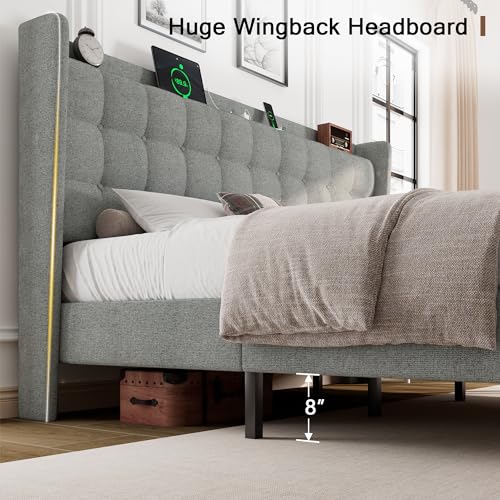 Queen Bed Frame, Upholstered Platform Bed with Charging Station, Modern Wingback Storage Headboard, Solid Wood Slats Support, No Box Spring Needed, Dark Gray