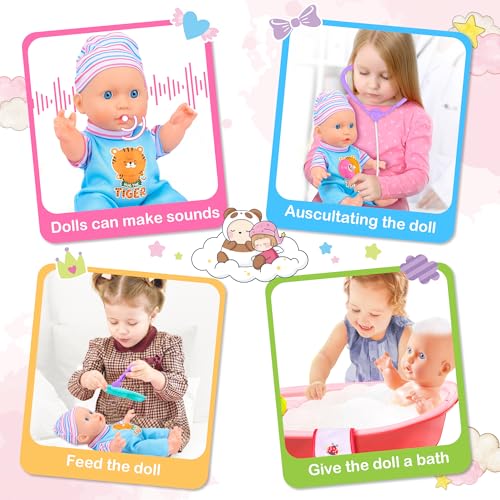 Baby Doll Toys Set, 14 Doll Toys, 25Pcs Dolls Care Toy Playset, Toddlers Toy Doll Set Incl Cradle Crib, High Chair, Milk Bottle, Pacifier, Diaper, Baby Gift for Age 3 4 5 6+ Years Old Girls Boys