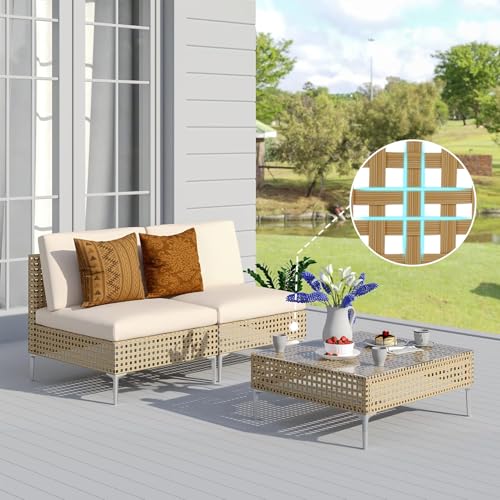 Grand patio 7-Piece Wicker Patio Furniture Set, Boho Outdoor Conversation Set Sectional Sofa with Water Resistant Thick Cushions and Coffee Table, Cream