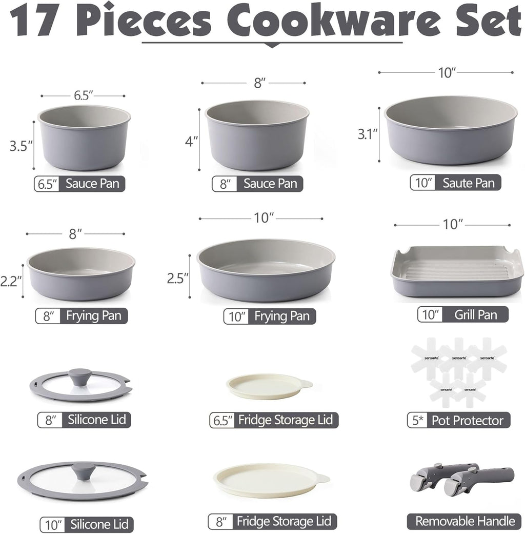 SENSARTE 17 Piece Ceramic Pots and Pans Set, Nonstick Detachable Handle Cookware, Induction Kitchen Cookware Set with Removable Handle, Dishwasher ?? Oven Safe (Gray)