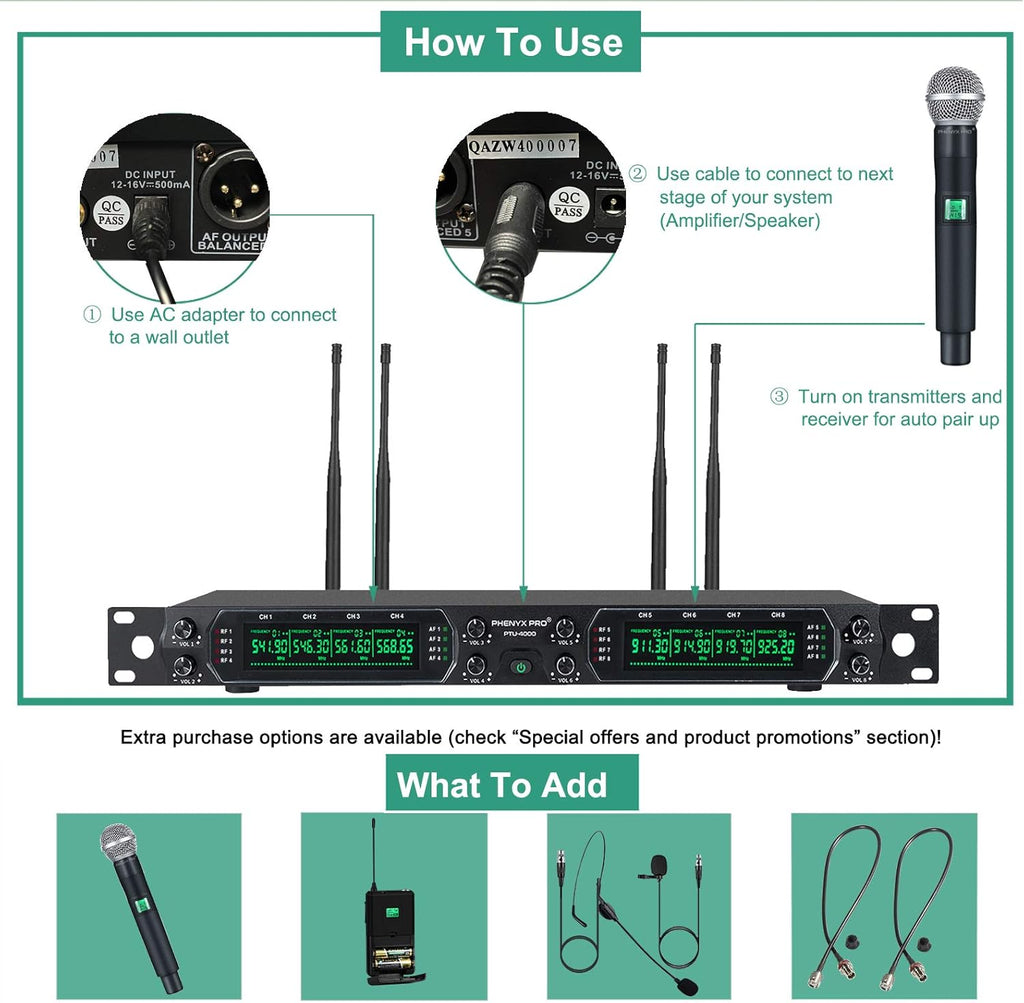 Wireless Microphone System, Phenyx Pro 8-Channel UHF Cordless Mic Set with Eight Handheld Mics, Fixed Frequency, All Metal Build, Long Range 260ft, Ideal for Karaoke,Church,Events (PTU-4000A)