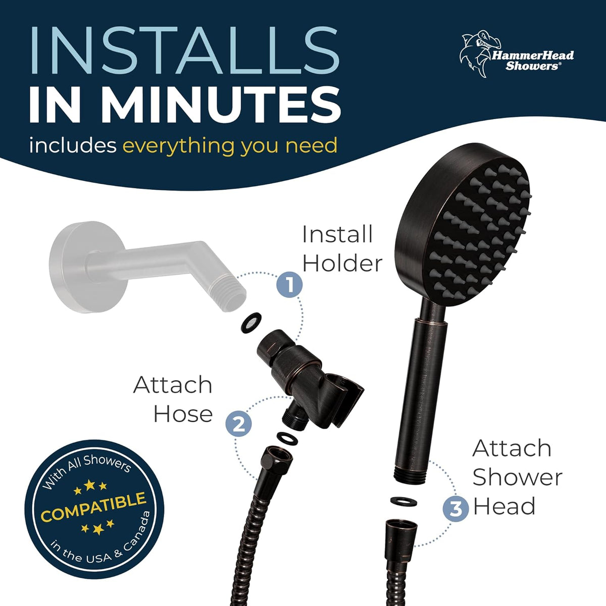 HammerHead Showers? Solid Metal LOW FLOW Handheld Shower Head with Hose and Brass Holder - OIL RUBBED BRONZE ?C Water Saving 1.75 GPM Detachable Shower Head - Adjustable Shower Wand Bracket & 6ft Hose