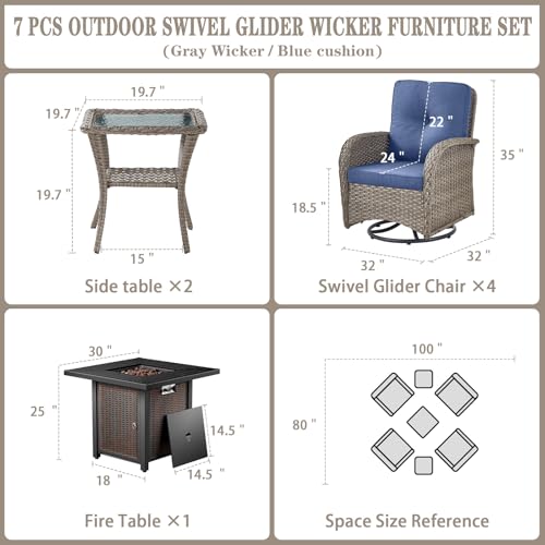 Patio Wicker Chairs Swivel Rocker - Outdoor Swivel Rocking Chairs Set of 2 with Rattan Side Table, Patio Swivel Glider Chair 3 Piece Patio Furniture Sets for Deck Porch Pool Brown/Blue