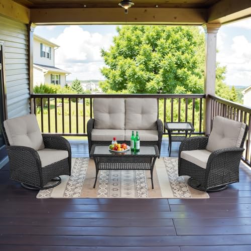 Patio Wicker Chairs Swivel Rocker - Outdoor Swivel Rocking Chairs Set of 2 with Rattan Side Table, Patio Swivel Glider Chair 3 Piece Patio Furniture Sets for Deck Porch Pool Brown/Blue