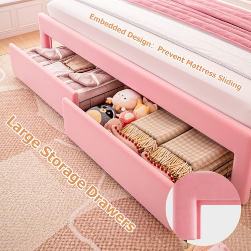 Twin Upholstered LED Bed Frame with Storage Drawer and Adjustable Chic Double Wavy Headboard, Velvet Princess Platform Bed for Kids/Girls, Solid Wood Slats Support, No Box Spring Needed, Beige