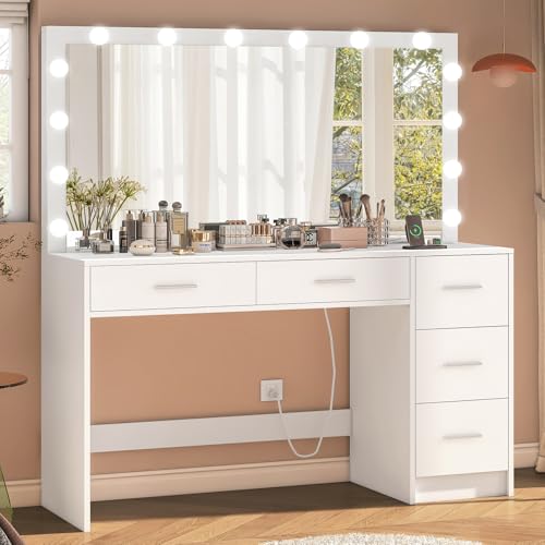 Makeup Vanity Desk with Mirror, 10 Lights, 5 Drawers, 3 Storage Shelves, 3 Color Modes & Adjustable Brightness Dressing Table, 35.4?? Desk, Black