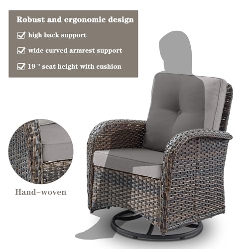Patio Wicker Chairs Swivel Rocker - Outdoor Swivel Rocking Chairs Set of 2 with Rattan Side Table, Patio Swivel Glider Chair 3 Piece Patio Furniture Sets for Deck Porch Pool Brown/Blue