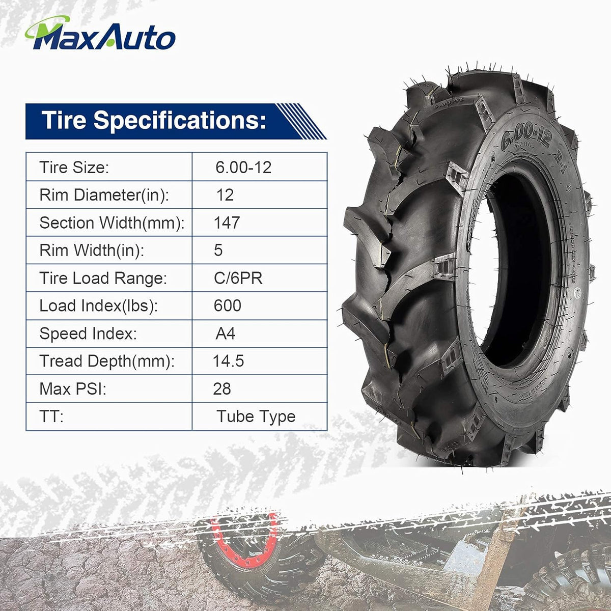 MaxAuto Farm Tractor Tire 6.00-12 Replace Kubota 7100 Series H167,2Pcs