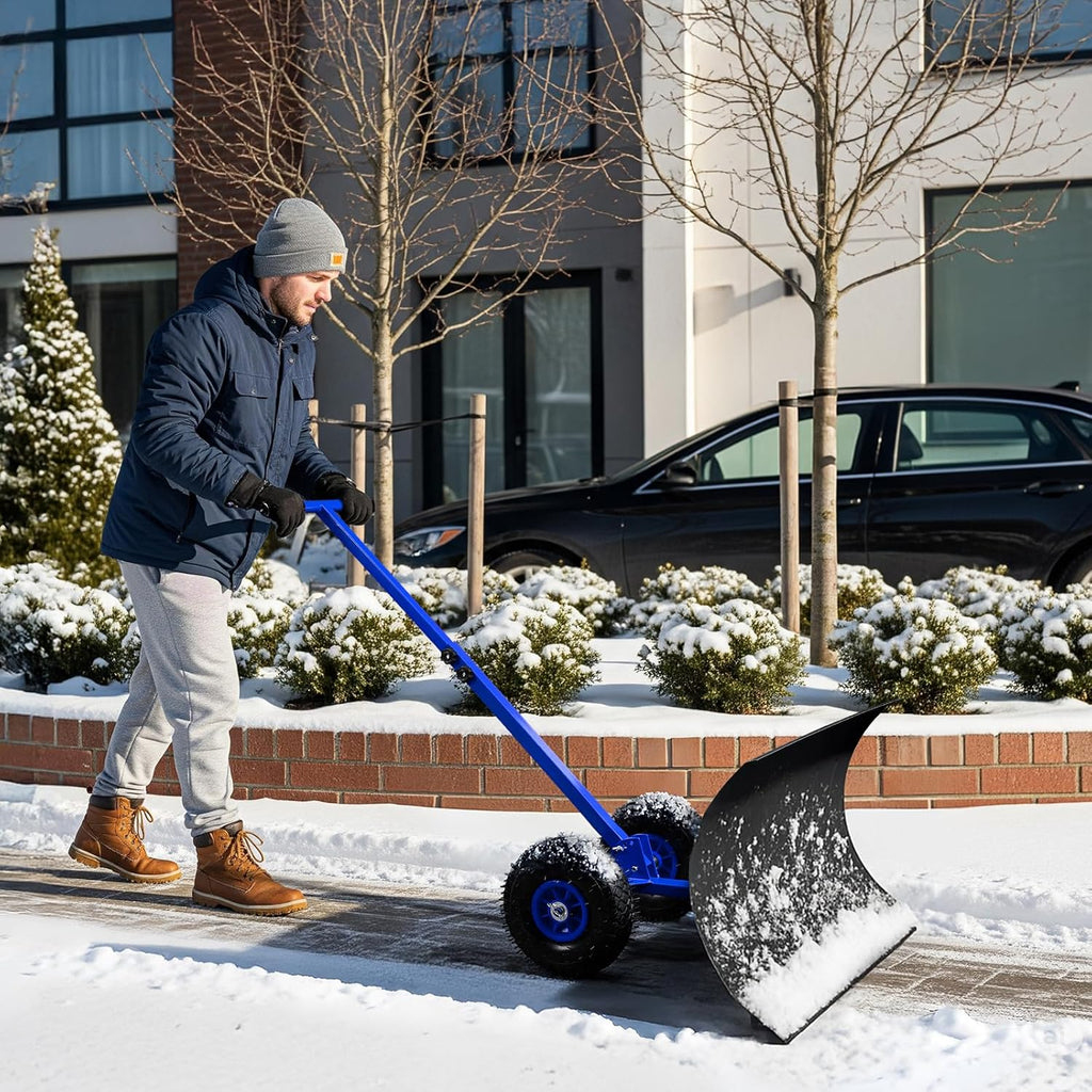 Outvita Snow Shovel with Wheels, 29 Wide 18 Long Snow Plow Shovel Angle & Height Adjustable Padded Handle Efficient Snow Clean Tool for Driveway or Pavement (Yellow)
