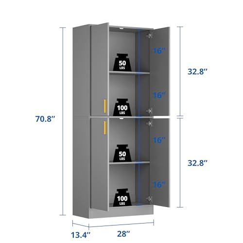 Cozy Castle Kitchen Pantry Cabinet, 71 Tall Wood Storage Cabinet with Doors and Shelves 4 Doors Freestanding Cupboard Utility Hutch for Dining Room Living Room Bathroom Furniture, Gray