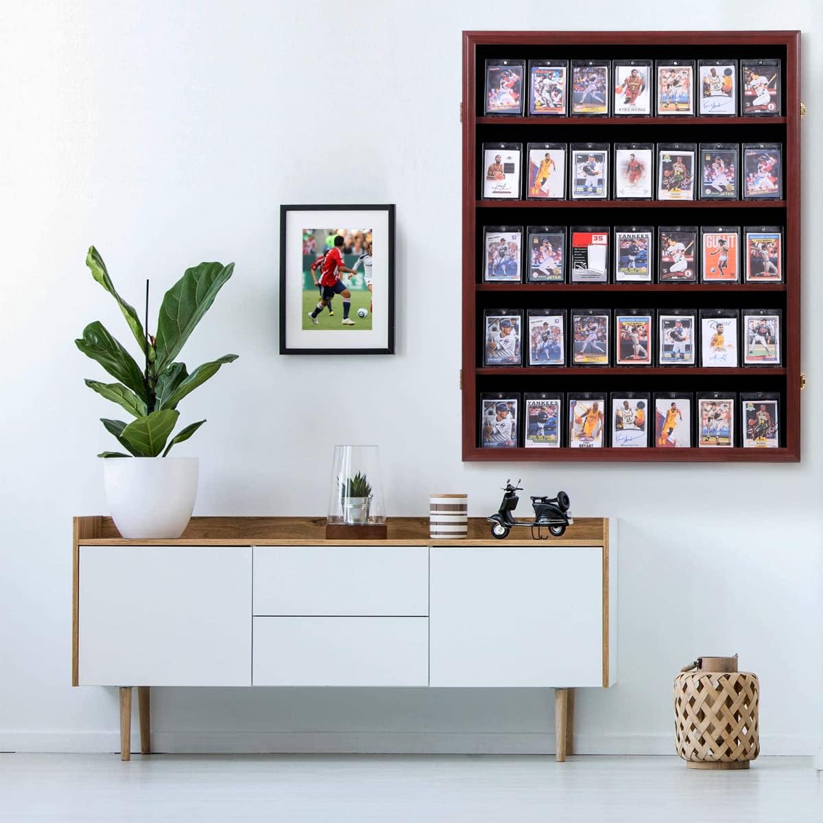 35 Graded Sports Card Display Case - Baseball Card Display Frame with UV Protection Clear View Lockable Wall Cabinet for Basketball Collectible Trading Card Black Finish