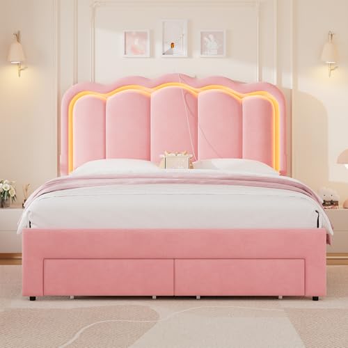 Twin Upholstered LED Bed Frame with Storage Drawer and Adjustable Chic Double Wavy Headboard, Velvet Princess Platform Bed for Kids/Girls, Solid Wood Slats Support, No Box Spring Needed, Beige