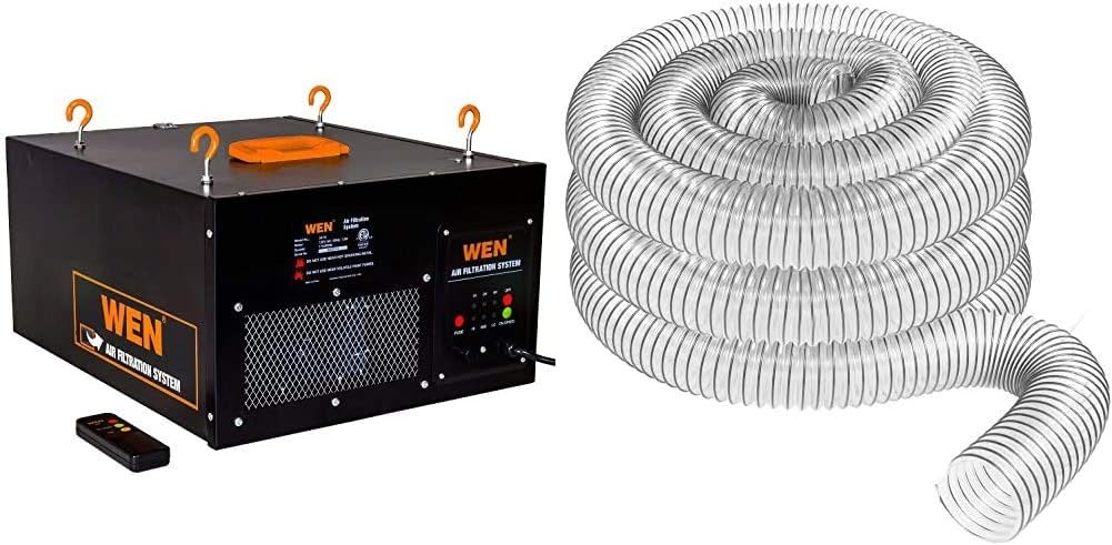 WEN 3410 3-Speed Remote-Controlled Air Filtration System (300/350/400 CFM) & FULTON 4 x 20′ Ultra Flex Clear-Vue Heavy Duty PVC Hose - MADE IN USA!