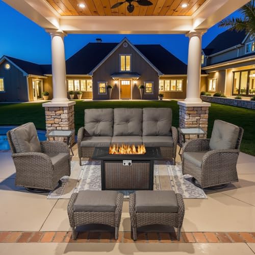 Patio Wicker Chairs Swivel Rocker - Outdoor Swivel Rocking Chairs Set of 2 with Rattan Side Table, Patio Swivel Glider Chair 3 Piece Patio Furniture Sets for Deck Porch Pool Brown/Blue