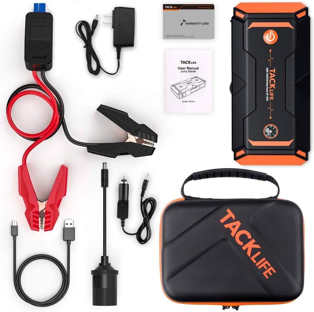 Tacklife T8 Pro 1200A Peak 18000mAh Water-Resistant Car Jump Starter with LCD Screen, Orange