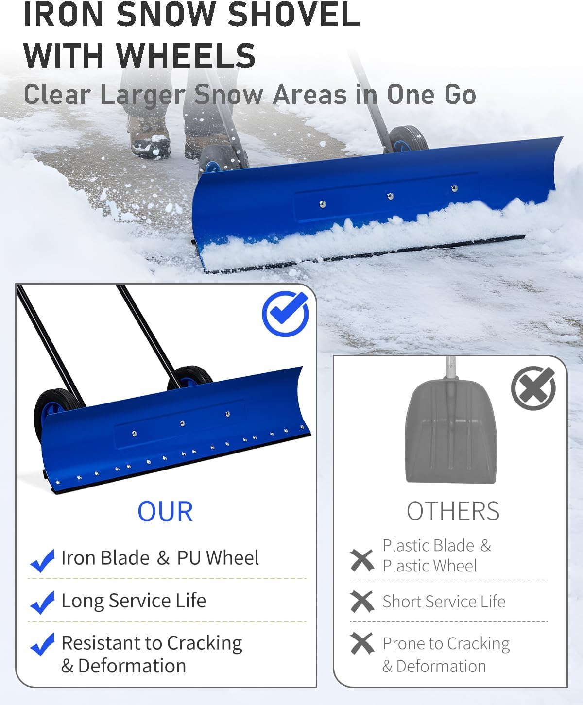 Outvita Snow Shovel with Wheels, 29 Wide 18 Long Snow Plow Shovel Angle & Height Adjustable Padded Handle Efficient Snow Clean Tool for Driveway or Pavement (Yellow)