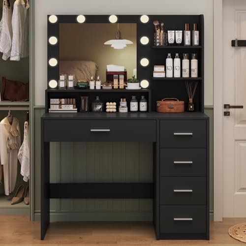 Makeup Vanity Desk with Mirror, 10 Lights, 5 Drawers, 3 Storage Shelves, 3 Color Modes & Adjustable Brightness Dressing Table, 35.4?? Desk, Black