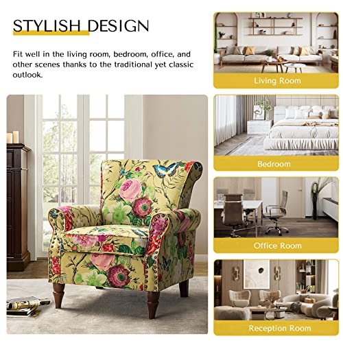HULALA HOME Modern Wingback Accent Chair with Wood Legs & Removable Cushion, Comfy Upholstered Armchair with Nailhead Trim, Floral Pattern Single Sofa Chair for Living Room Bedroom, Blue