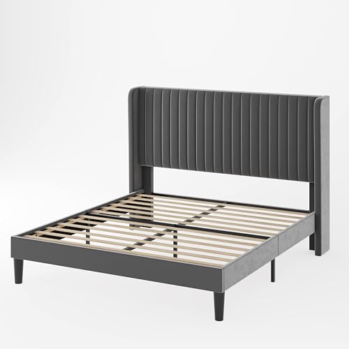 Allewie Queen Size Velvet Bed Frame/Vertical Channel Tufted Wingback Headboard/Upholstered Platform Bed/Strong Wooden Slats/No Box Spring Needed/Easy Assembly/Black