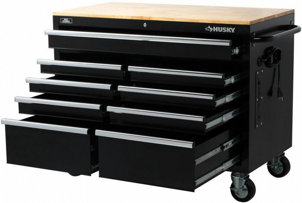 Husky 46 in. W x 24.5 in. D 9-Drawer Mobile Workbench with Solid Wood Top in