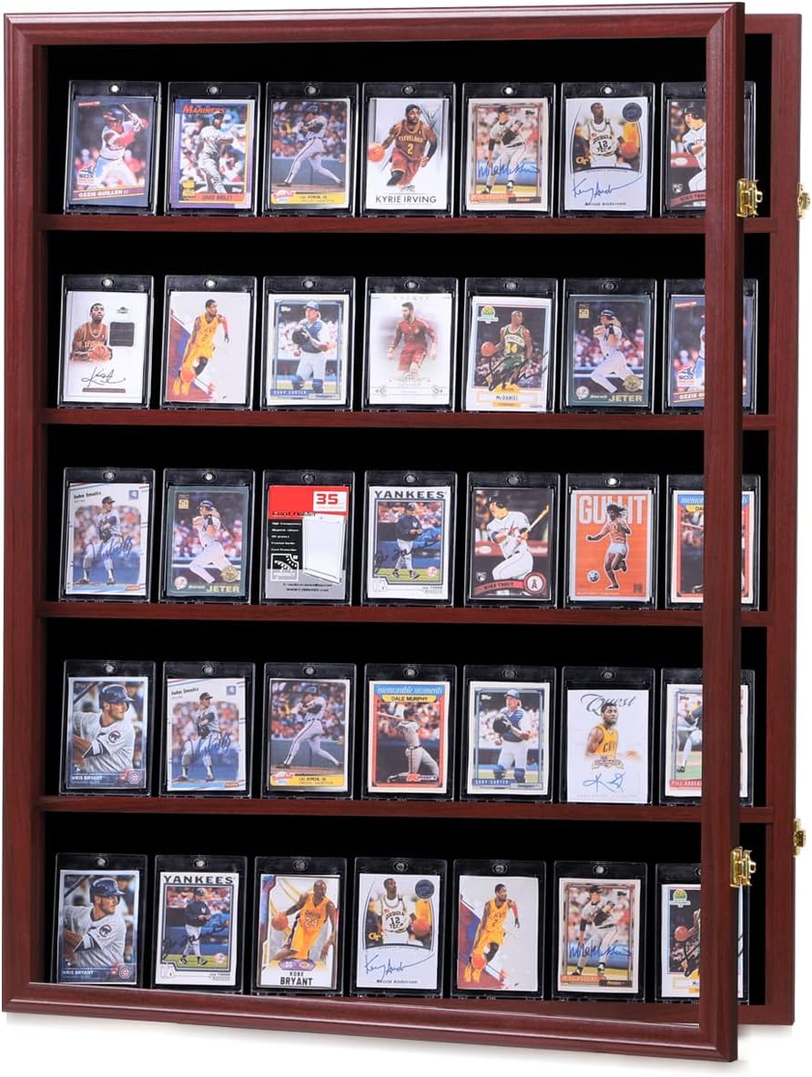 35 Graded Sports Card Display Case - Baseball Card Display Frame with UV Protection Clear View Lockable Wall Cabinet for Basketball Collectible Trading Card Black Finish