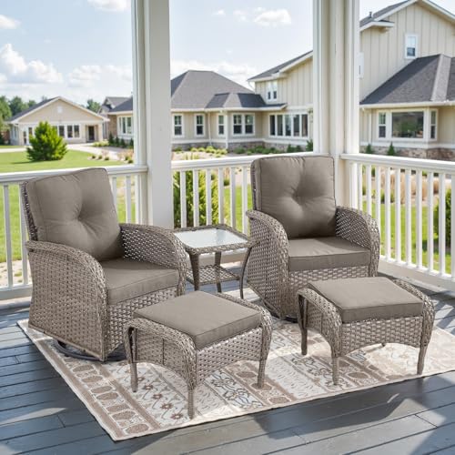 Patio Wicker Chairs Swivel Rocker - Outdoor Swivel Rocking Chairs Set of 2 with Rattan Side Table, Patio Swivel Glider Chair 3 Piece Patio Furniture Sets for Deck Porch Pool Brown/Blue