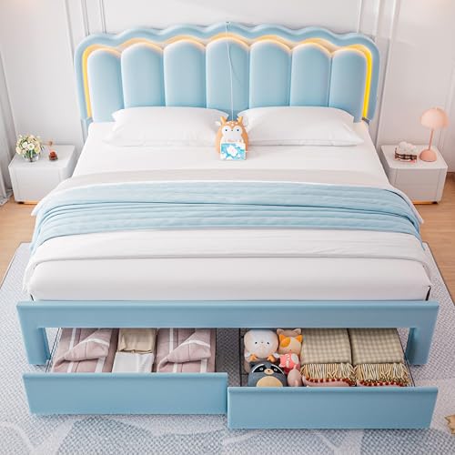 Twin Upholstered LED Bed Frame with Storage Drawer and Adjustable Chic Double Wavy Headboard, Velvet Princess Platform Bed for Kids/Girls, Solid Wood Slats Support, No Box Spring Needed, Beige