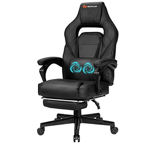 Goplus Massage Gaming Chair, Reclining Backrest, Seat Height Adjustment Racing Computer Office Chair with Footrest, Ergonomic High Back PU Swivel Game Chair (White)
