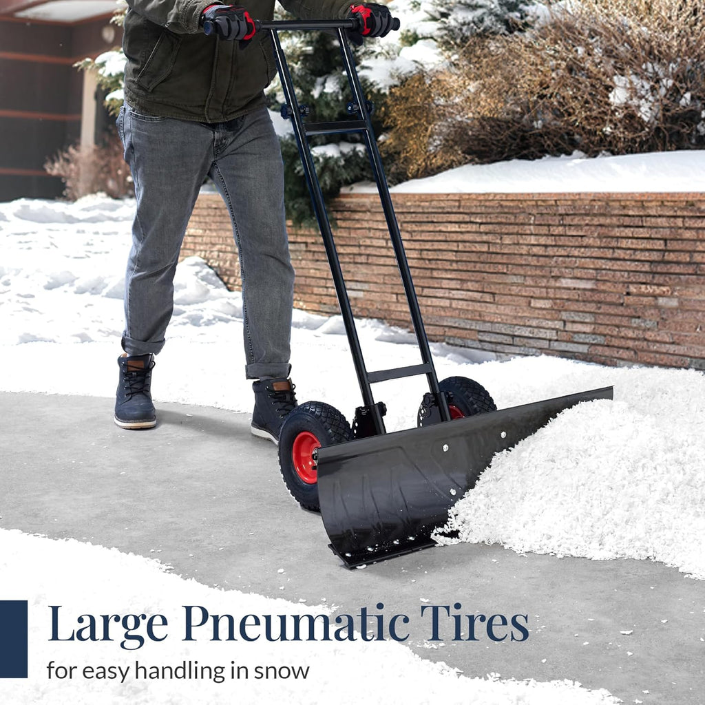 Best Choice Products 36in Galvanized Blade Heavy-Duty 2-Wheel Snow Pusher Hand Plow for Snow Removal w/Wheels, Adjustable Handle, Blade Angle - Black