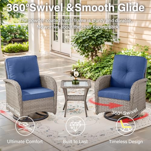 Patio Wicker Chairs Swivel Rocker - Outdoor Swivel Rocking Chairs Set of 2 with Rattan Side Table, Patio Swivel Glider Chair 3 Piece Patio Furniture Sets for Deck Porch Pool Brown/Blue
