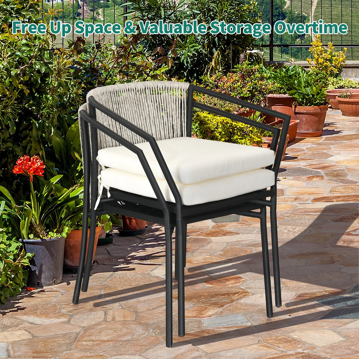 Dextrus 3-Piece Patio Conversation Bistro Set, Outdoor Wicker Dining Table Chairs Set, With 2 Stackable Chairs, Cushions, Side Table - White