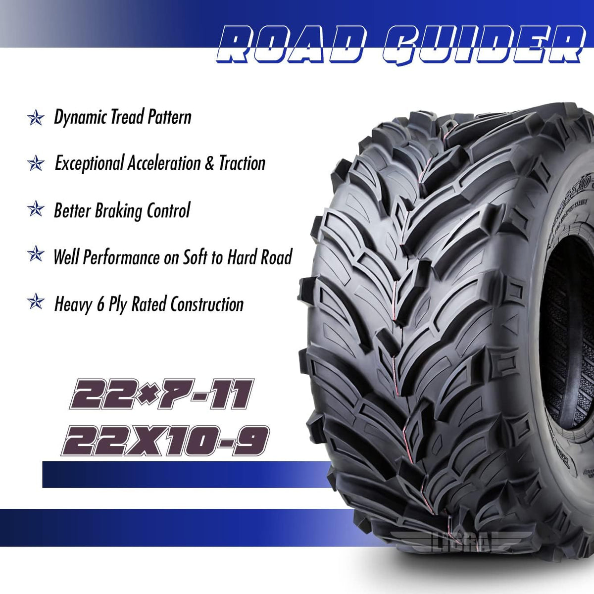 Set 4 Road Guider ATV/UTV Tires 22x7-11 Front & 22x10-9 Rear /6PR 20mm Deep Tread Honda Recon 250 Suzuki Ozark 250