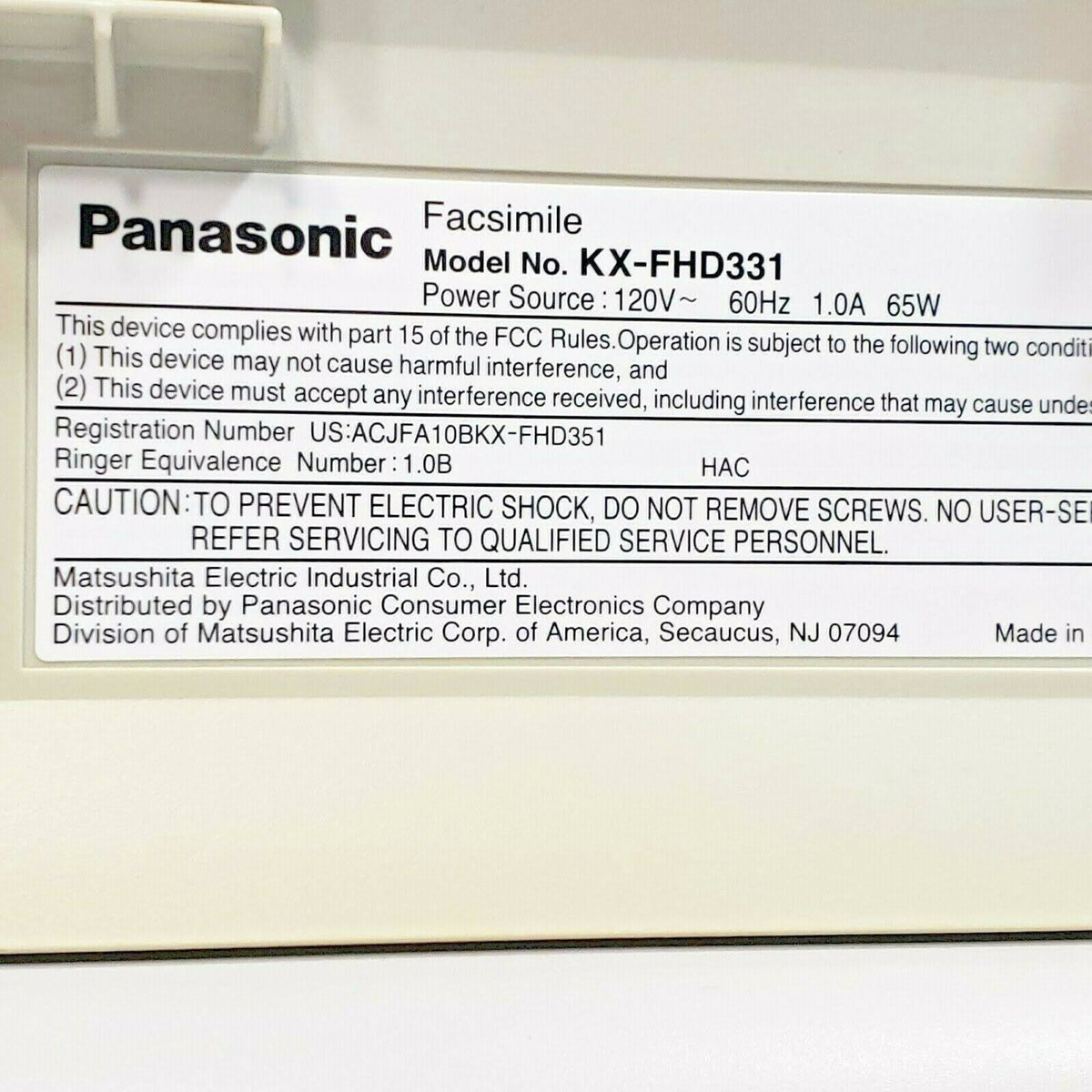 Panasonic KX-FHD331 Fax Copy Machine Copier Plain Paper Caller ID - Black