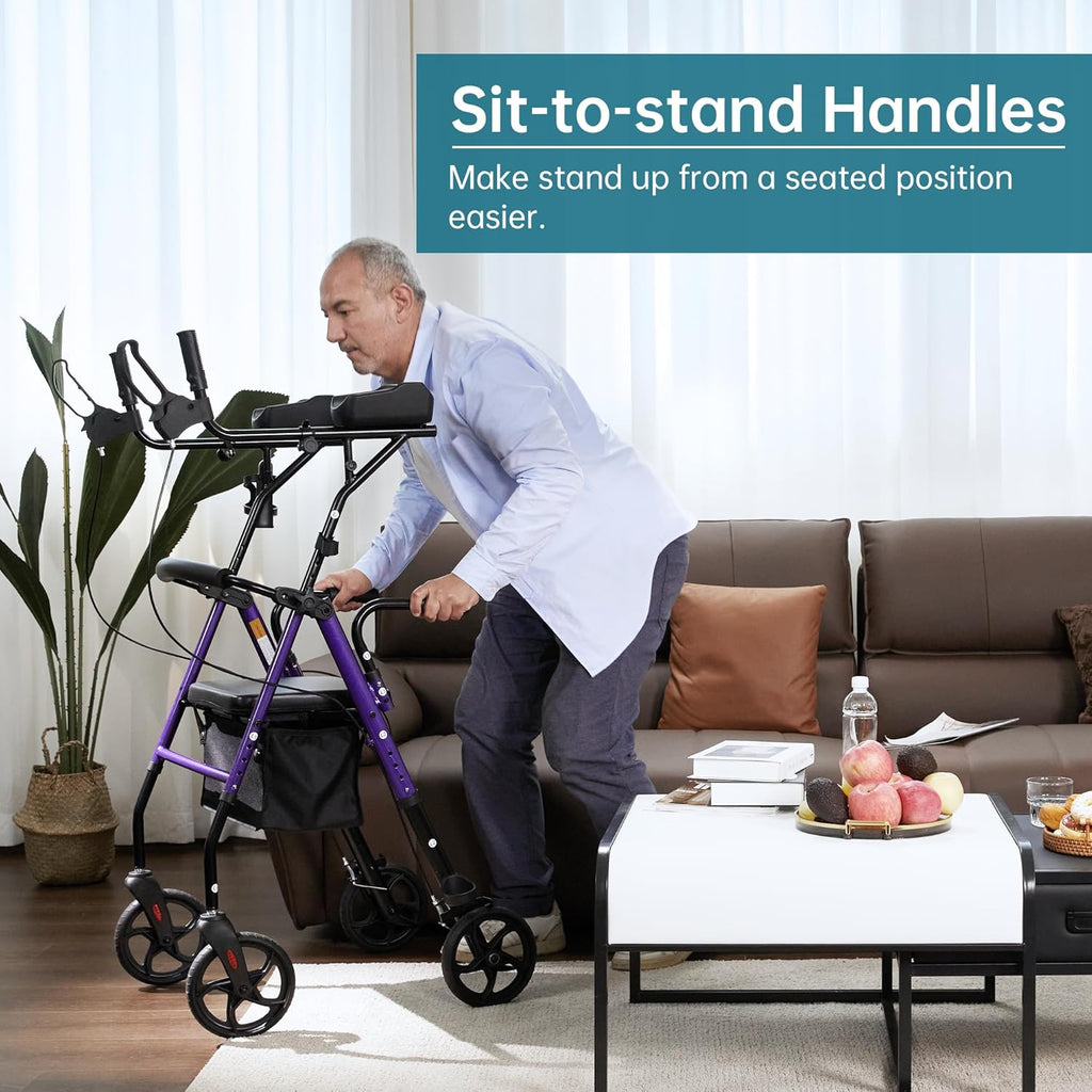 ELENKER Upright Walker, Stand Up Rollator Walker with Padded Seat and Backrest, Compact Folding, Fully Adjustment Frame for Seniors, Purple