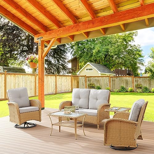Patio Wicker Chairs Swivel Rocker - Outdoor Swivel Rocking Chairs Set of 2 with Rattan Side Table, Patio Swivel Glider Chair 3 Piece Patio Furniture Sets for Deck Porch Pool Brown/Blue